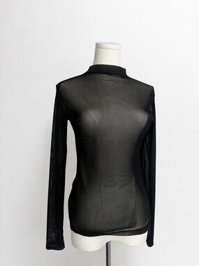Sheer Long-Sleeve Mesh Top - Black